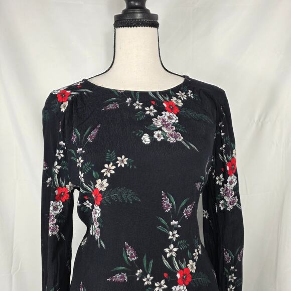 H&M Floral Blouse Women 2 Black Long Sleeve Cottage Minimalist Casual Keyhole - Picture 4 of 11